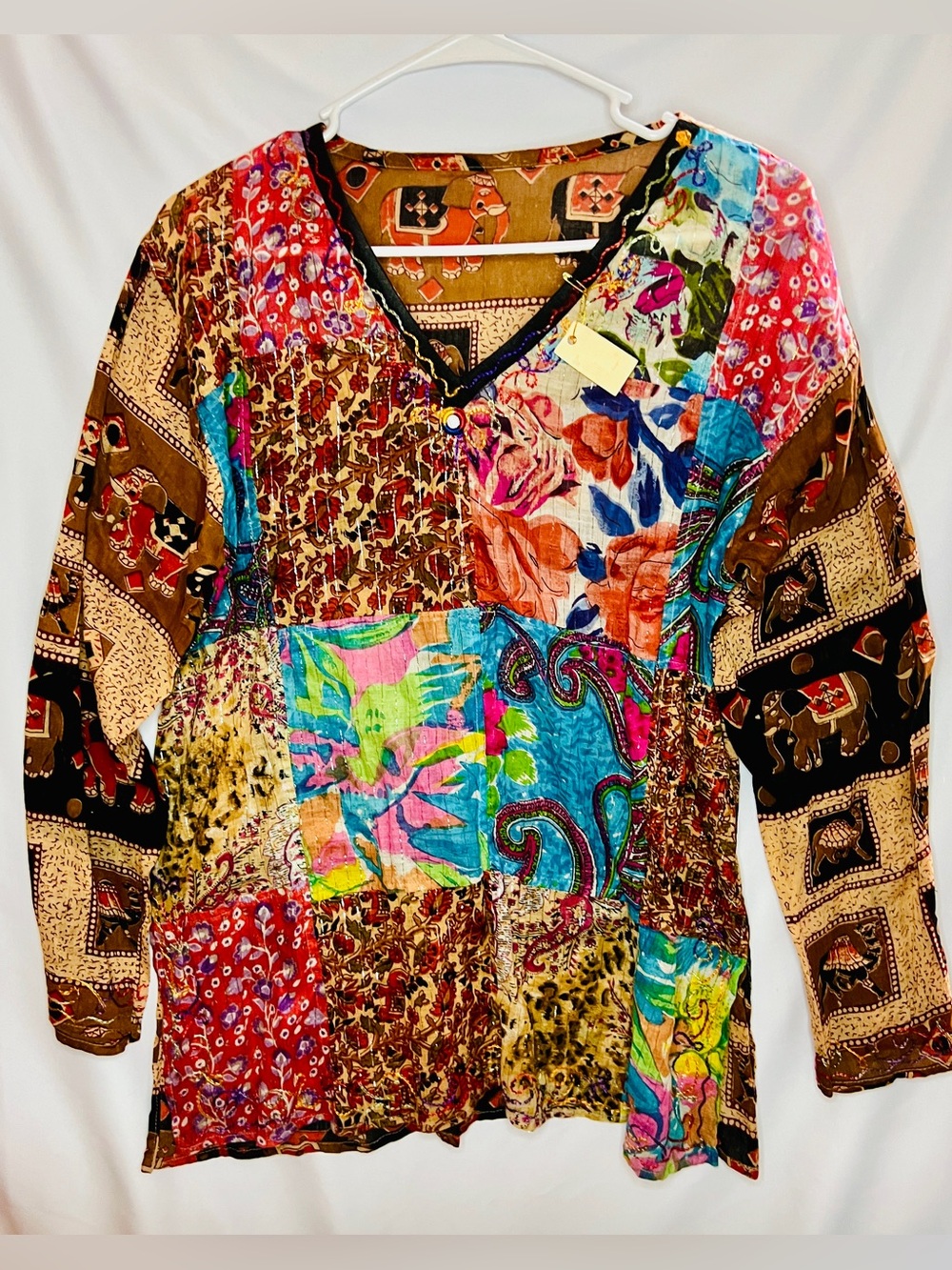 Vintage Boho Patchwork Blouse V-Neck Long Sleeve Indian Elephant Paisley Print